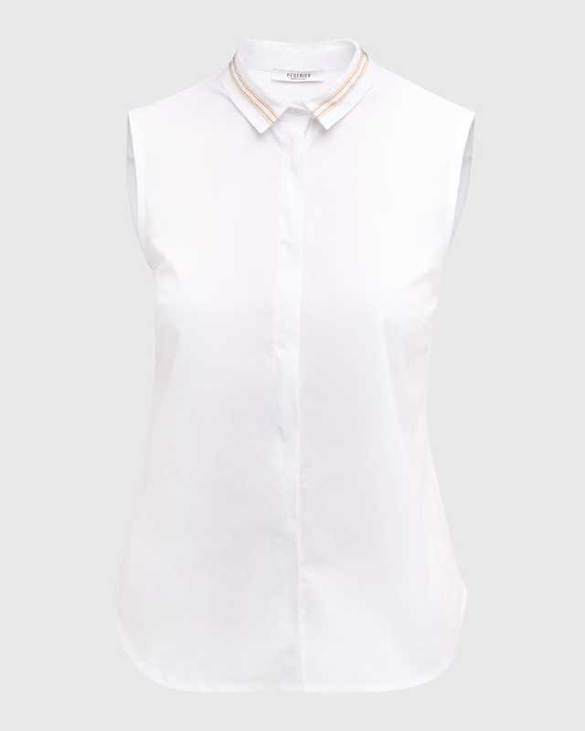 Sleeveless Ribbon-Trim Button-Down Top